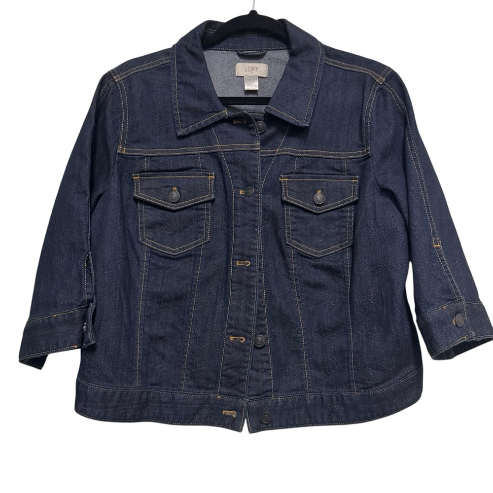 LOFT Dark Wash Blue Denim Jacket - size Large - Cropped 3/4 sleeve
